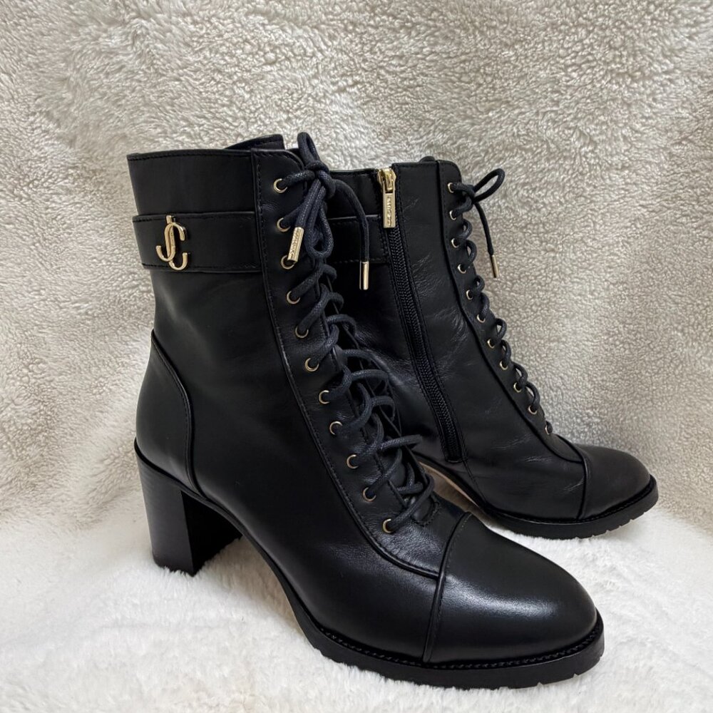 Gorgeous Black Leather Jimmy Choo Cayo Lace Up Boots 2 1/2" Heel Size US 8 - Picture 2 of 11